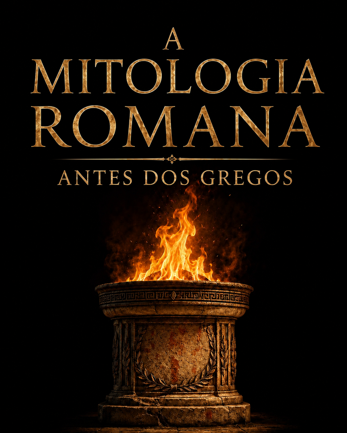 Capa do ebook A Mitologia Romana — Antes dos Gregos, com um braseiro aceso sobre uma coluna de pedra